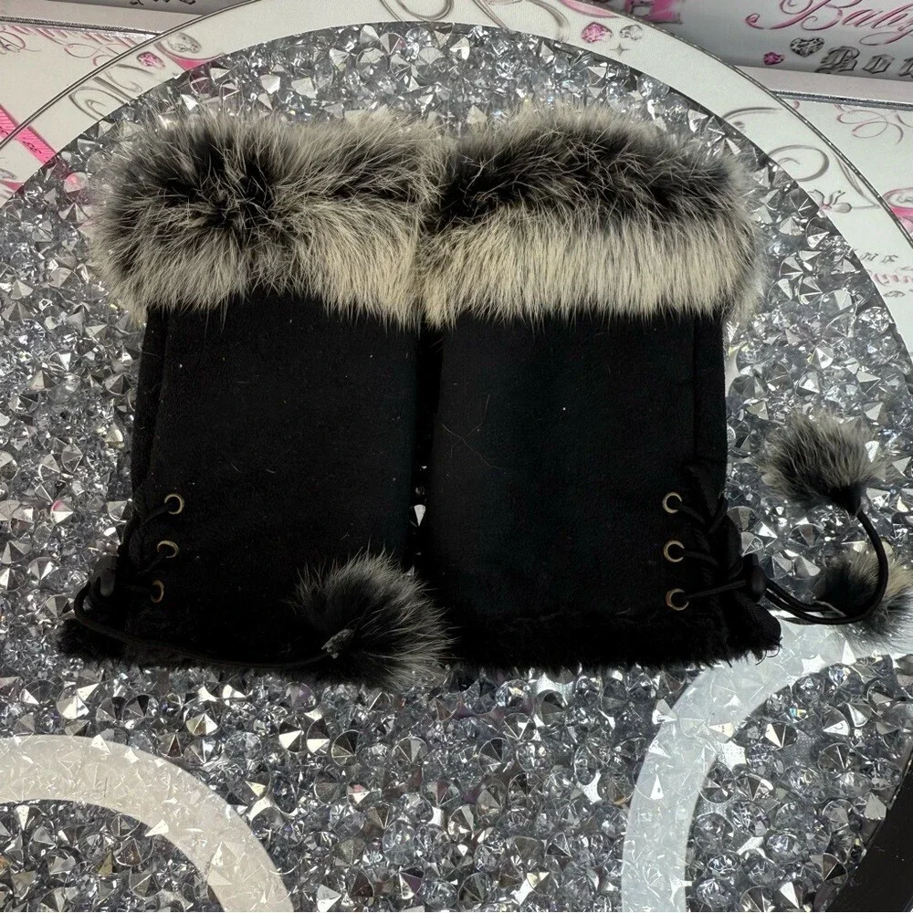 Mitts Black rabbit Fur Trim Fingerless Gloves with Pom  Pom lace up details